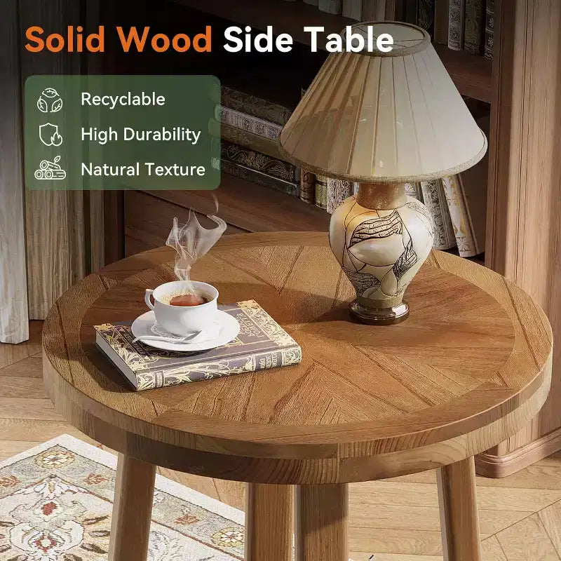 Lantine Solid Wood Side Table for Living Room, FarmhouseSmall Round End Table with 2-Tier Storage for Small Spaces, Bedroom, Brown