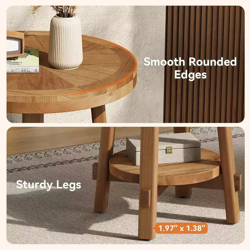 Lantine Solid Wood Side Table for Living Room, FarmhouseSmall Round End Table with 2-Tier Storage for Small Spaces, Bedroom, Brown