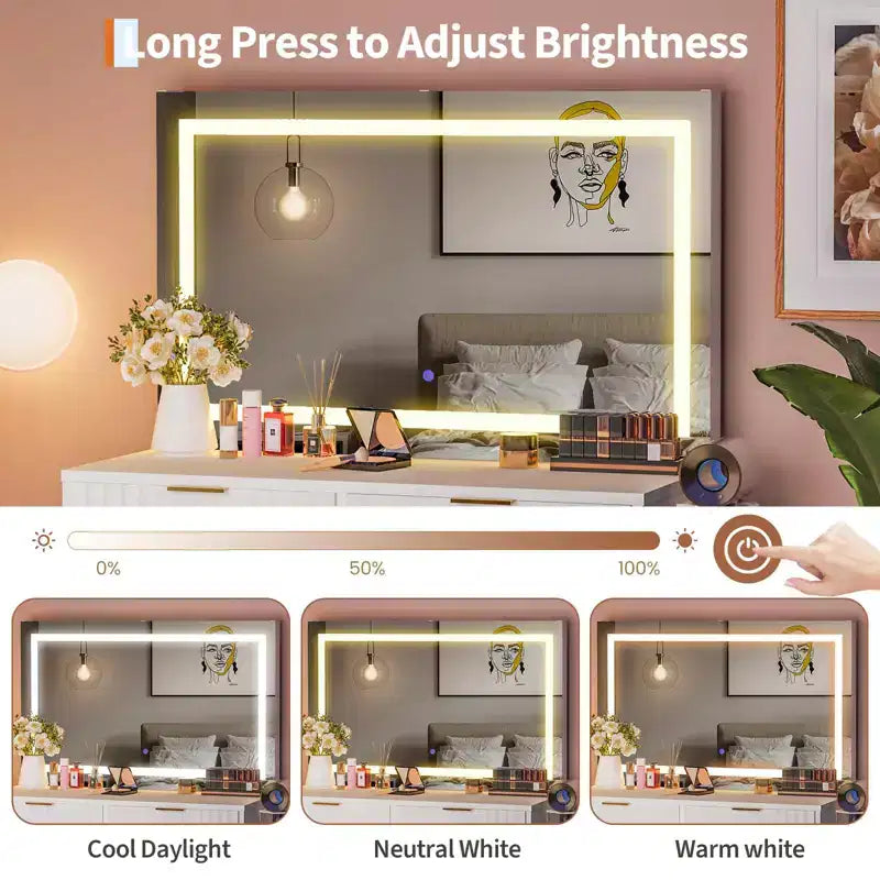 Fluted Vanity Desk w/Mirror and Lights, Small Makeup Vanity with 2 Drawers & Power Outlet, 3 Lighting Modes Adjustable Brightness for Bedroom