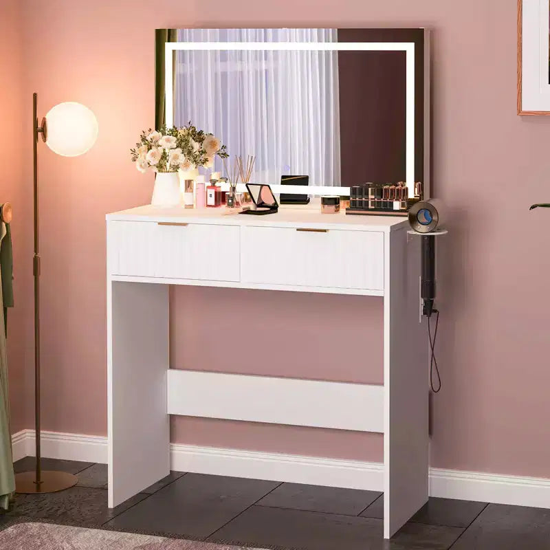 Fluted Vanity Desk w/Mirror and Lights, Small Makeup Vanity with 2 Drawers & Power Outlet, 3 Lighting Modes Adjustable Brightness for Bedroom