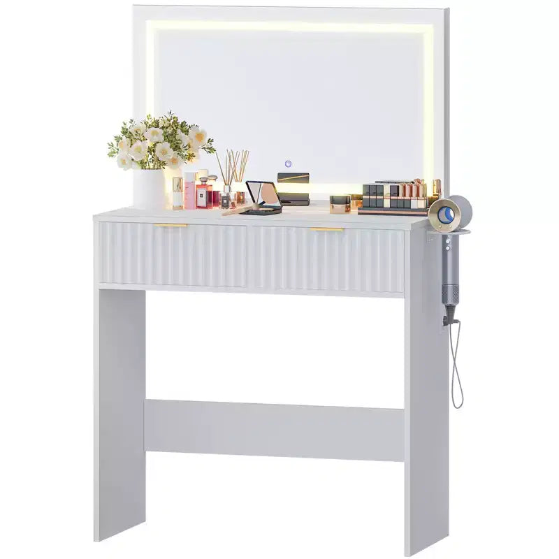 Fluted Vanity Desk w/Mirror and Lights, Small Makeup Vanity with 2 Drawers & Power Outlet, 3 Lighting Modes Adjustable Brightness for Bedroom
