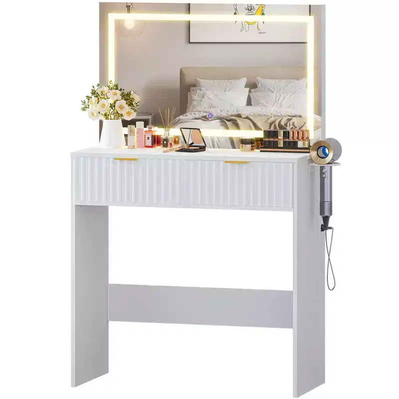 Fluted Vanity Desk w/Mirror and Lights, Small Makeup Vanity with 2 Drawers & Power Outlet, 3 Lighting Modes Adjustable Brightness for Bedroom