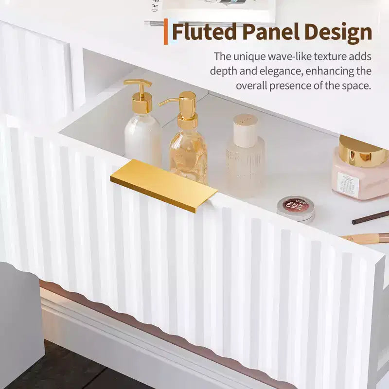 Fluted Vanity Desk w/Mirror and Lights, Small Makeup Vanity with 2 Drawers & Power Outlet, 3 Lighting Modes Adjustable Brightness for Bedroom