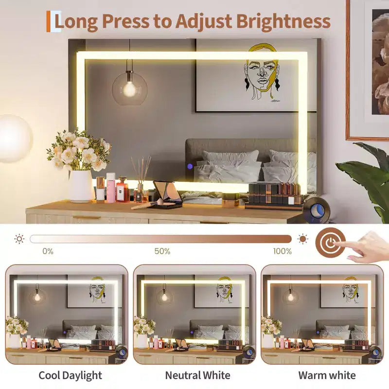 Fluted Vanity Desk w/Mirror and Lights, Small Makeup Vanity with 2 Drawers & Power Outlet, 3 Lighting Modes Adjustable Brightness for Bedroom