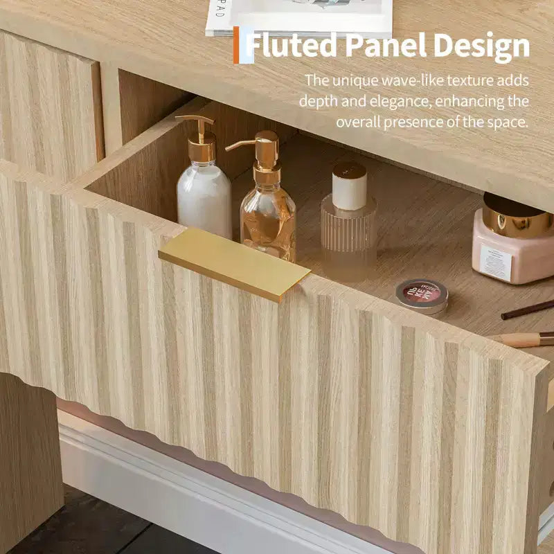 Fluted Vanity Desk w/Mirror and Lights, Small Makeup Vanity with 2 Drawers & Power Outlet, 3 Lighting Modes Adjustable Brightness for Bedroom