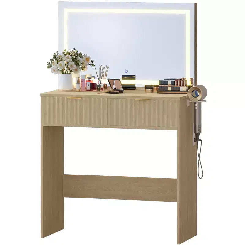 Fluted Vanity Desk w/Mirror and Lights, Small Makeup Vanity with 2 Drawers & Power Outlet, 3 Lighting Modes Adjustable Brightness for Bedroom
