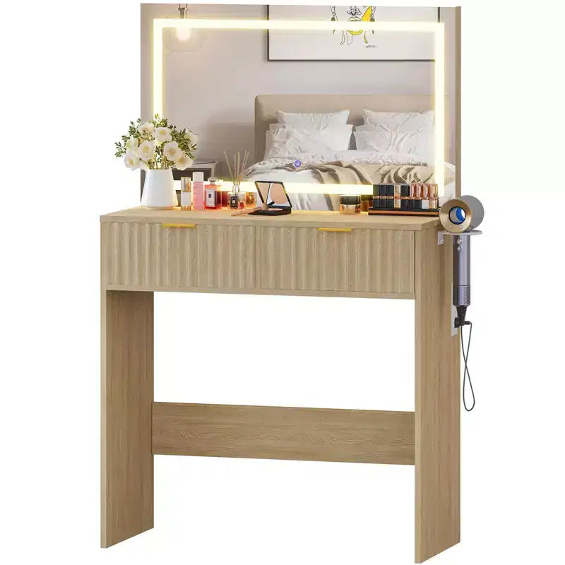 Fluted Vanity Desk w/Mirror and Lights, Small Makeup Vanity with 2 Drawers & Power Outlet, 3 Lighting Modes Adjustable Brightness for Bedroom