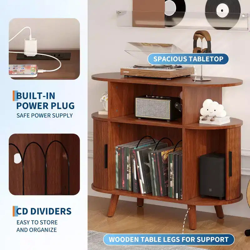 Mid-Century Modern Record Player Stand, Wooden Turntable Shelf, Open Vinyl Storage Cabinet, for Living Room, Bedroom