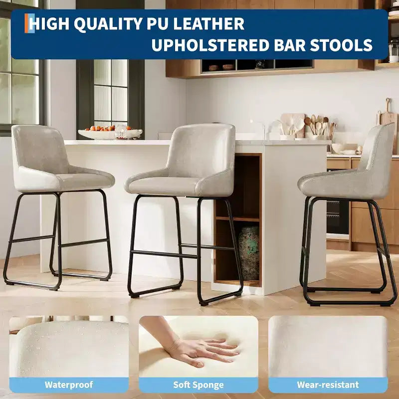 PU Leather Counter Height Bar Stools Set of 3/4,26.5Seat Height,Ergonomic Padded Back & Footrest,Sturdy Metal Frame,Upholstered Armless Bar Chairs