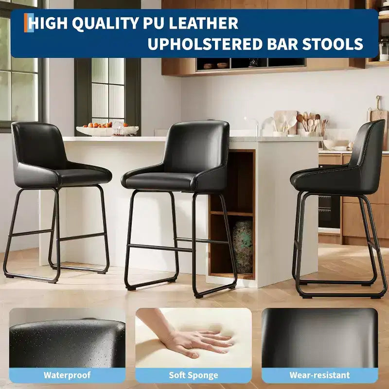 PU Leather Counter Height Bar Stools Set of 3/4,26.5Seat Height,Ergonomic Padded Back & Footrest,Sturdy Metal Frame,Upholstered Armless Bar Chairs