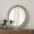 Whisen Farmhouse Round Decorative Wall Mirror with Beaded Decor, Rustic Wood Frame for Home - Antique Natural