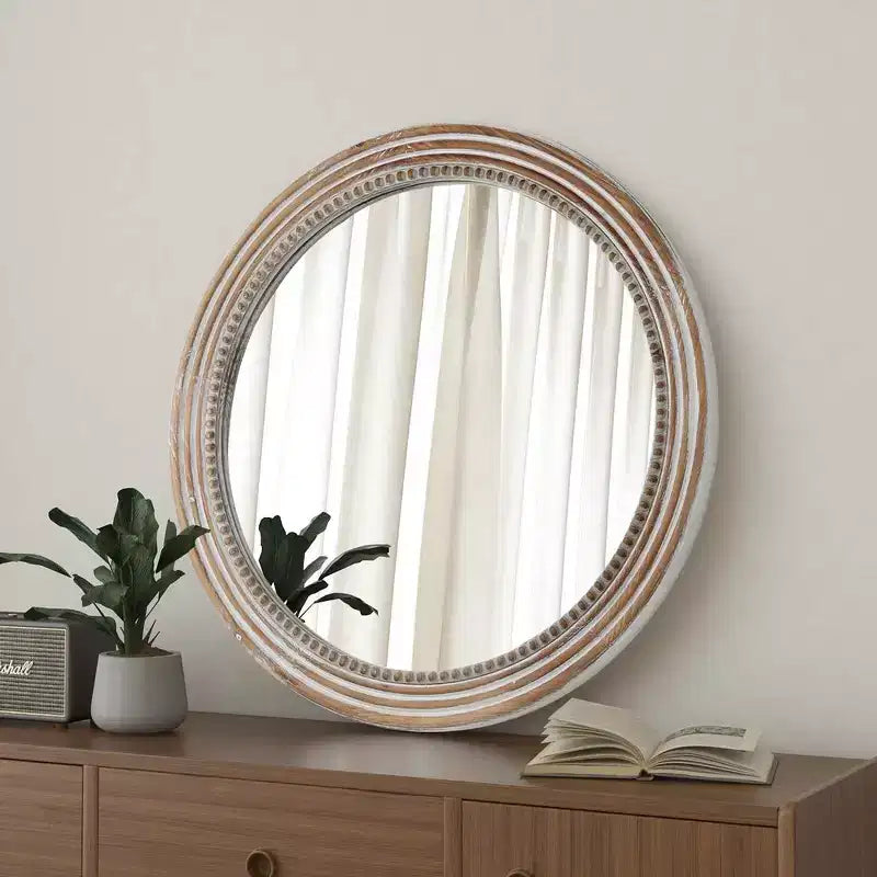 Whisen Farmhouse Round Decorative Wall Mirror with Beaded Decor, Rustic Wood Frame for Home - Antique Natural