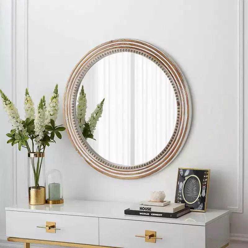 Whisen Farmhouse Round Decorative Wall Mirror with Beaded Decor, Rustic Wood Frame for Home - Antique Natural