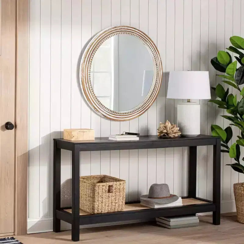 Whisen Farmhouse Round Decorative Wall Mirror with Beaded Decor, Rustic Wood Frame for Home - Antique Natural