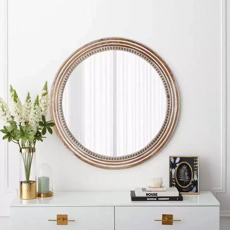 Whisen Farmhouse Round Decorative Wall Mirror with Beaded Decor, Rustic Wood Frame for Home - Antique Natural