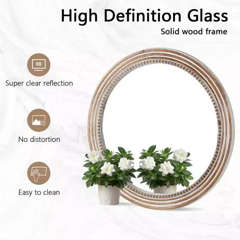 Whisen Farmhouse Round Decorative Wall Mirror with Beaded Decor, Rustic Wood Frame for Home - Antique Natural