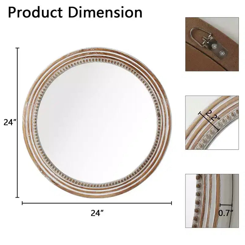 Whisen Farmhouse Round Decorative Wall Mirror with Beaded Decor, Rustic Wood Frame for Home - Antique Natural