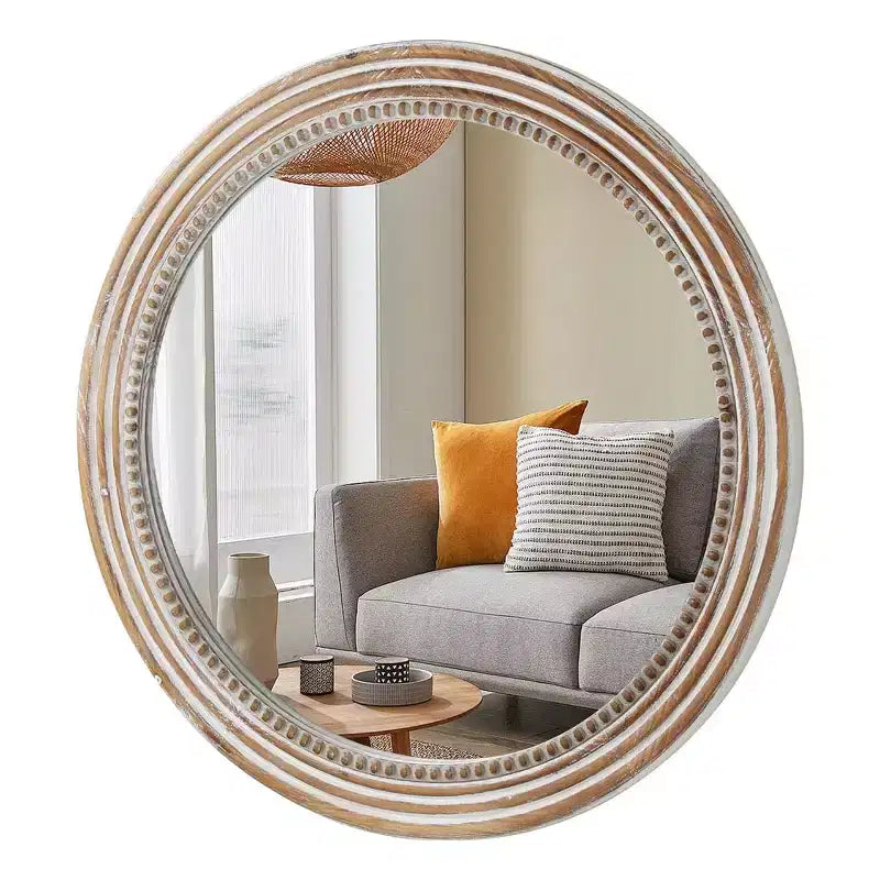 Whisen Farmhouse Round Decorative Wall Mirror with Beaded Decor, Rustic Wood Frame for Home - Antique Natural
