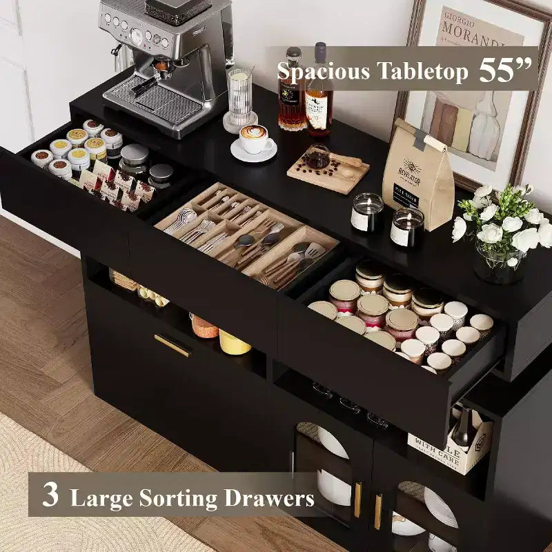Coffee Bar Cabinet, 3 Drawers, Adjustable Shelf, for Dinning Room, Living Room, Kitchen