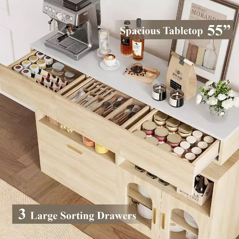 Coffee Bar Cabinet, 3 Drawers, Adjustable Shelf, for Dinning Room, Living Room, Kitchen