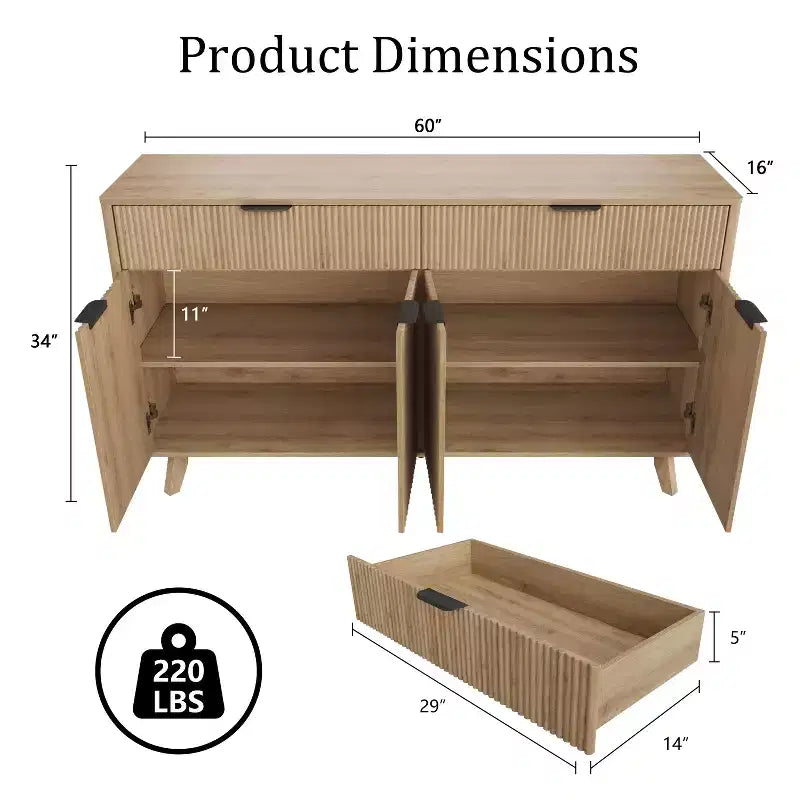 60'' Buffet Sideboard Cabinet with 2 Drawers and 4 Wave-Style Doors, Adjustable Shelves, Storage Console for Dining Room, Living Room, or Kitchen