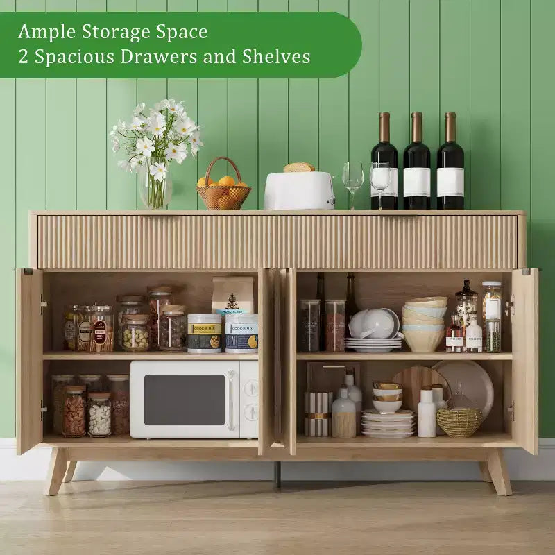 60'' Buffet Sideboard Cabinet with 2 Drawers and 4 Wave-Style Doors, Adjustable Shelves, Storage Console for Dining Room, Living Room, or Kitchen