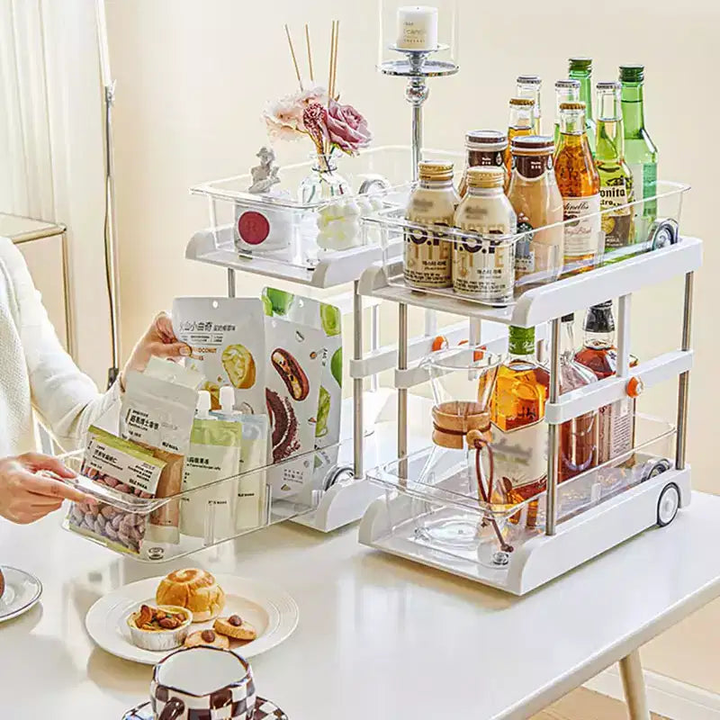 2-Tier Under Sink Organizer, Adjustable Height Pull Out Storage Shelves, Light Luxury White with Pulleys & Separators