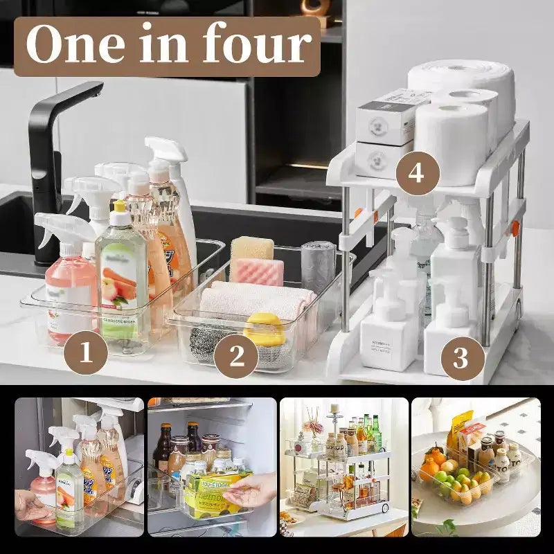 2-Tier Under Sink Organizer, Adjustable Height Pull Out Storage Shelves, Light Luxury White with Pulleys & Separators