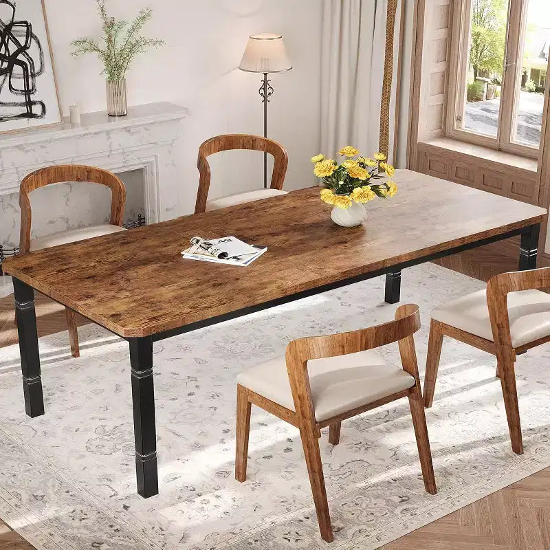 Industrial Long Dining Table for 6-8, Wooden Rectangle Kitchen Table with Heavy Duty Metal Frame Modern Farmhouse Style for Dining Room Kitchen