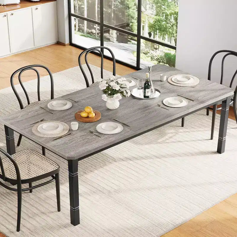 Industrial Long Dining Table for 6-8, Wooden Rectangle Kitchen Table with Heavy Duty Metal Frame Modern Farmhouse Style for Dining Room Kitchen