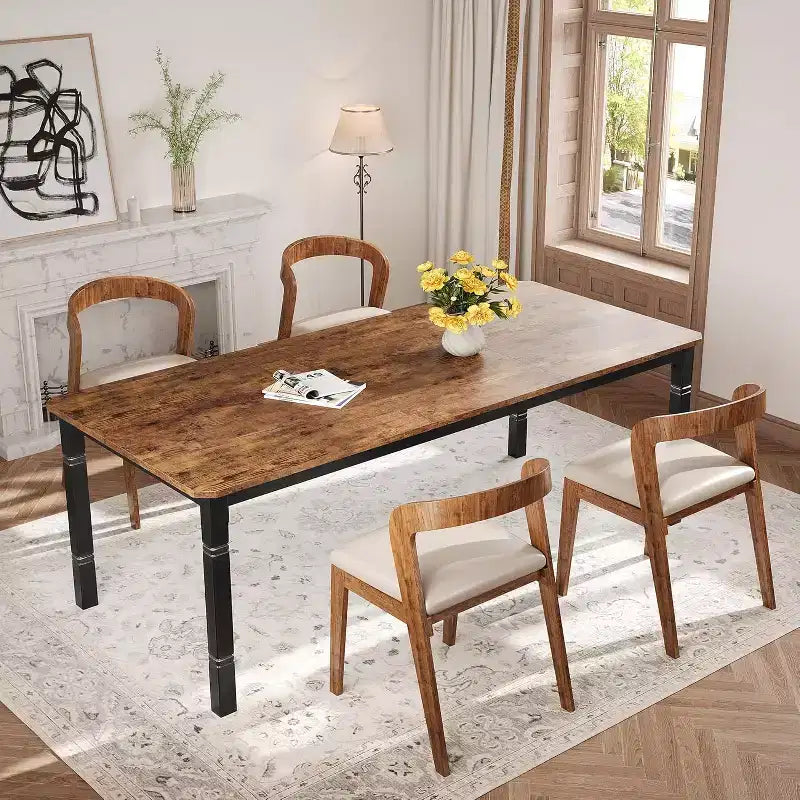 Industrial Long Dining Table for 6-8, Wooden Rectangle Kitchen Table with Heavy Duty Metal Frame Modern Farmhouse Style for Dining Room Kitchen