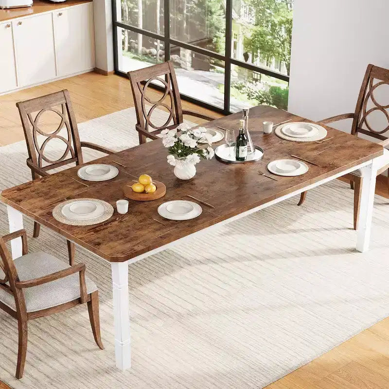 Industrial Long Dining Table for 6-8, Wooden Rectangle Kitchen Table with Heavy Duty Metal Frame Modern Farmhouse Style for Dining Room Kitchen