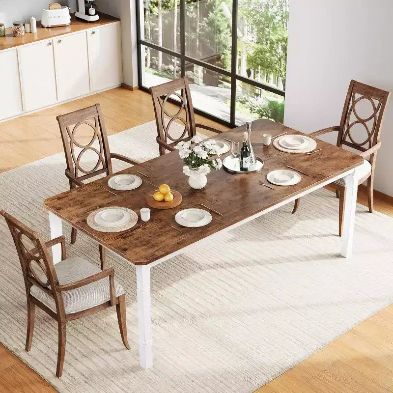 Industrial Long Dining Table for 6-8, Wooden Rectangle Kitchen Table with Heavy Duty Metal Frame Modern Farmhouse Style for Dining Room Kitchen