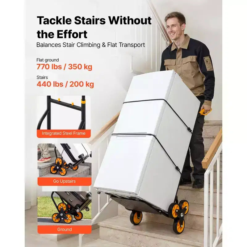 VEVOR Stair Climbing Cart, 440 lbs Stair-Climbing Capacity, Heavy-Duty Folding Trolley Cart with Telescoping Handle, Black+Orange