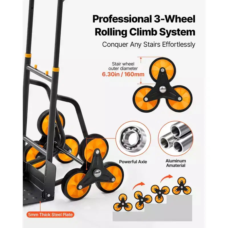 VEVOR Stair Climbing Cart, 440 lbs Stair-Climbing Capacity, Heavy-Duty Folding Trolley Cart with Telescoping Handle, Black+Orange