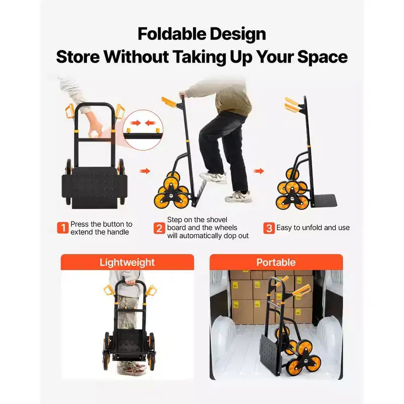 VEVOR Stair Climbing Cart, 440 lbs Stair-Climbing Capacity, Heavy-Duty Folding Trolley Cart with Telescoping Handle, Black+Orange