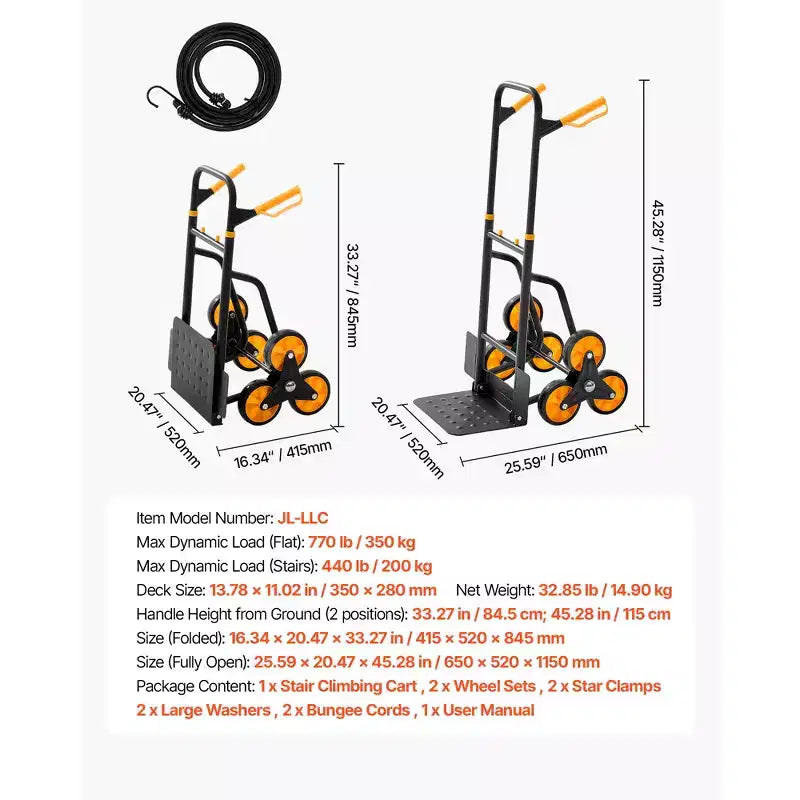 VEVOR Stair Climbing Cart, 440 lbs Stair-Climbing Capacity, Heavy-Duty Folding Trolley Cart with Telescoping Handle, Black+Orange