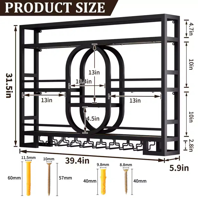 Bekrvio 39/47 Wall Mounted Wine Rack, Metal Floating Bar Shelves with Wine Glass Holder, Industrial Liquor Shelf for Home Bar Kitchen Dining