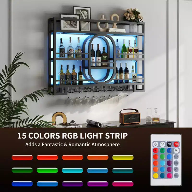 Bekrvio 39/47 Wall Mounted Wine Rack, Metal Floating Bar Shelves with Wine Glass Holder, Industrial Liquor Shelf for Home Bar Kitchen Dining