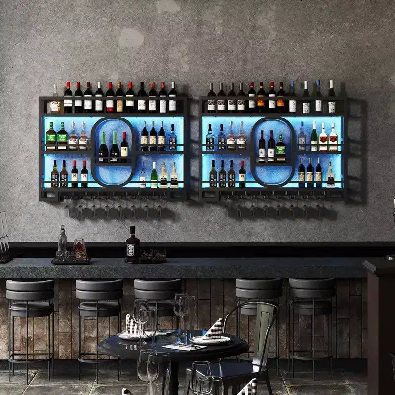 Bekrvio 39/47 Wall Mounted Wine Rack, Metal Floating Bar Shelves with Wine Glass Holder, Industrial Liquor Shelf for Home Bar Kitchen Dining