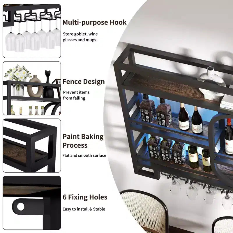 Bekrvio 39/47 Wall Mounted Wine Rack, Metal Floating Bar Shelves with Wine Glass Holder, Industrial Liquor Shelf for Home Bar Kitchen Dining