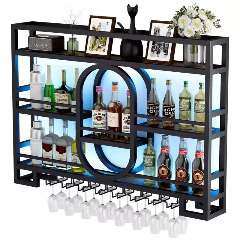 Bekrvio 39/47 Wall Mounted Wine Rack, Metal Floating Bar Shelves with Wine Glass Holder, Industrial Liquor Shelf for Home Bar Kitchen Dining
