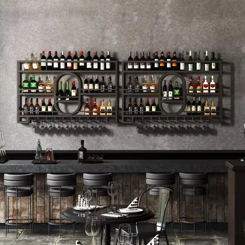 Bekrvio 39/47 Wall Mounted Wine Rack, Metal Floating Bar Shelves with Wine Glass Holder, Industrial Liquor Shelf for Home Bar Kitchen Dining
