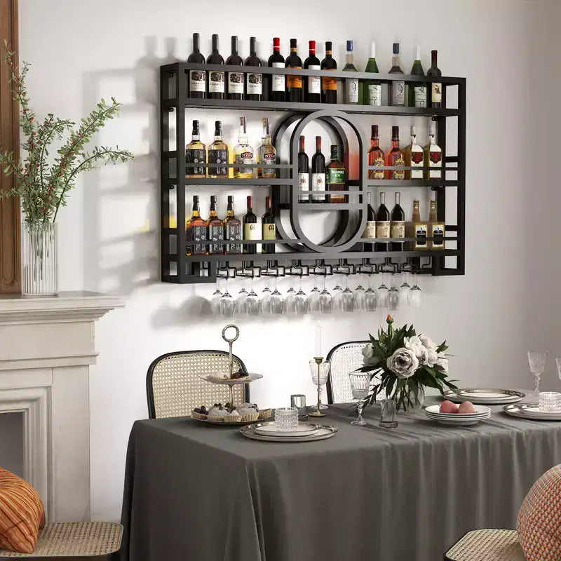 Bekrvio 39/47 Wall Mounted Wine Rack, Metal Floating Bar Shelves with Wine Glass Holder, Industrial Liquor Shelf for Home Bar Kitchen Dining