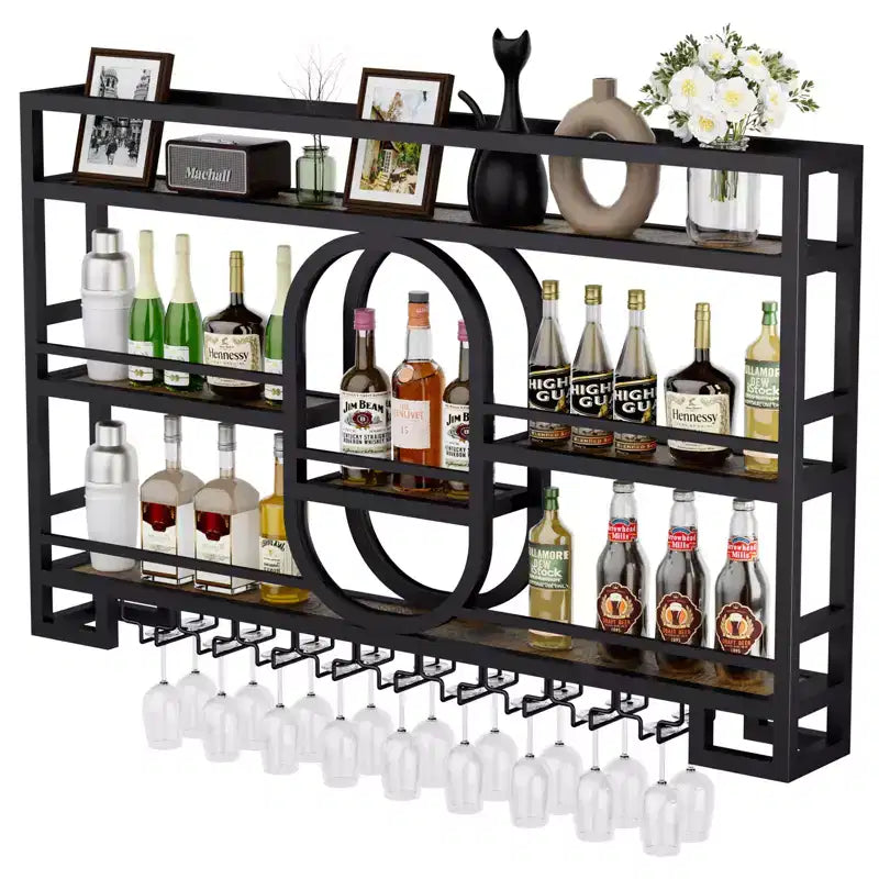 Bekrvio 39/47 Wall Mounted Wine Rack, Metal Floating Bar Shelves with Wine Glass Holder, Industrial Liquor Shelf for Home Bar Kitchen Dining