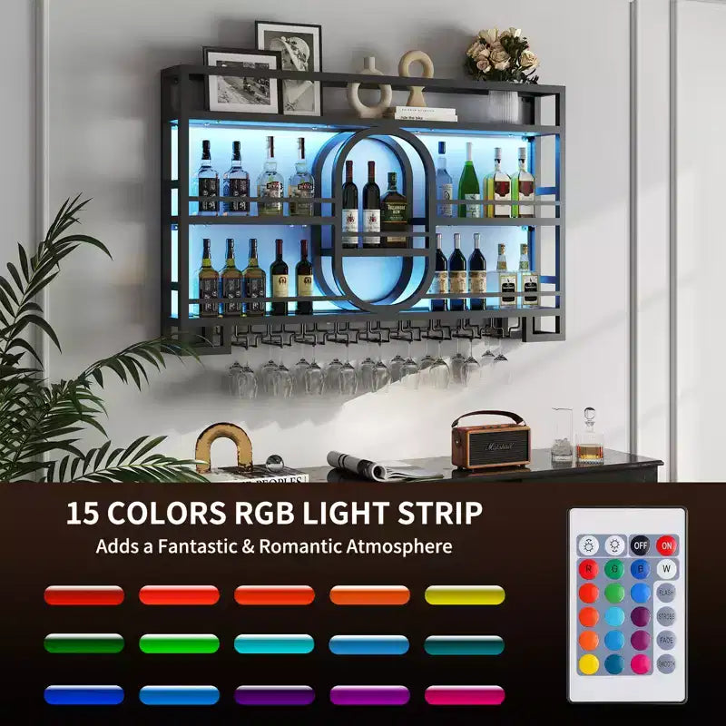 Bekrvio 39/47 Wall Mounted Wine Rack, Metal Floating Bar Shelves with Wine Glass Holder, Industrial Liquor Shelf for Home Bar Kitchen Dining