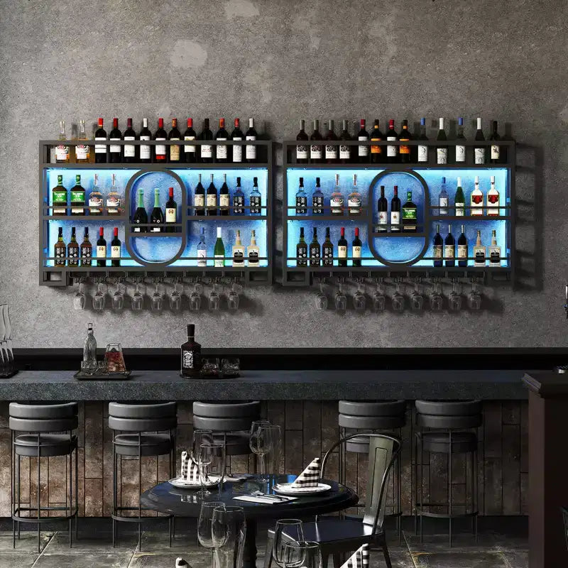 Bekrvio 39/47 Wall Mounted Wine Rack, Metal Floating Bar Shelves with Wine Glass Holder, Industrial Liquor Shelf for Home Bar Kitchen Dining