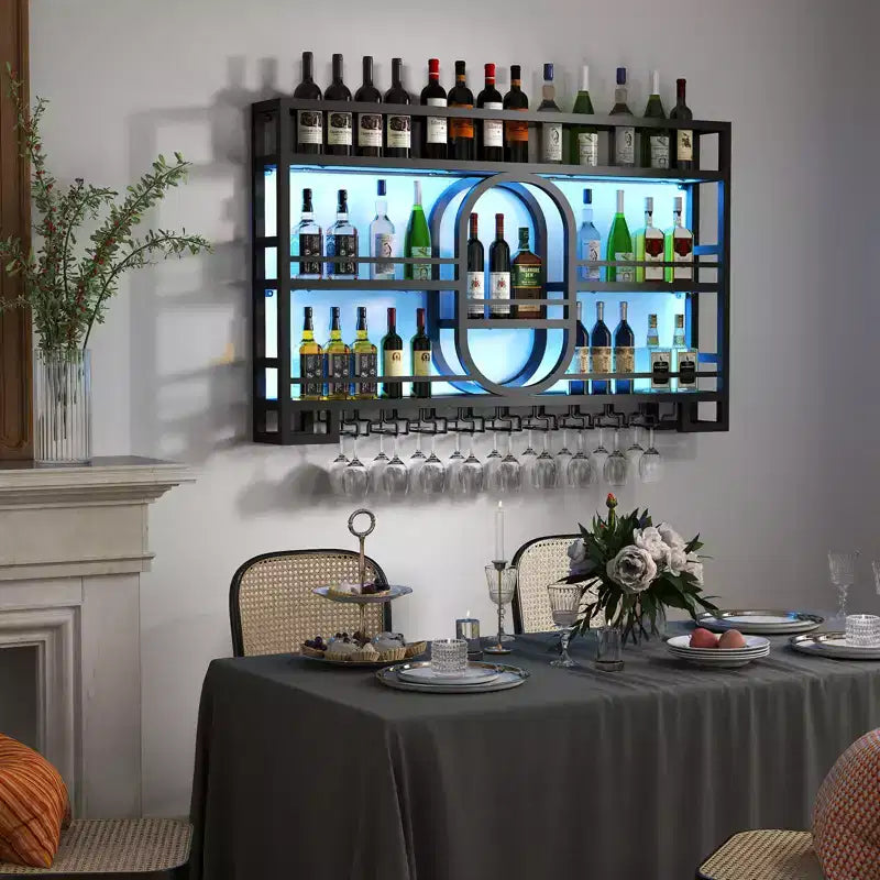 Bekrvio 39/47 Wall Mounted Wine Rack, Metal Floating Bar Shelves with Wine Glass Holder, Industrial Liquor Shelf for Home Bar Kitchen Dining