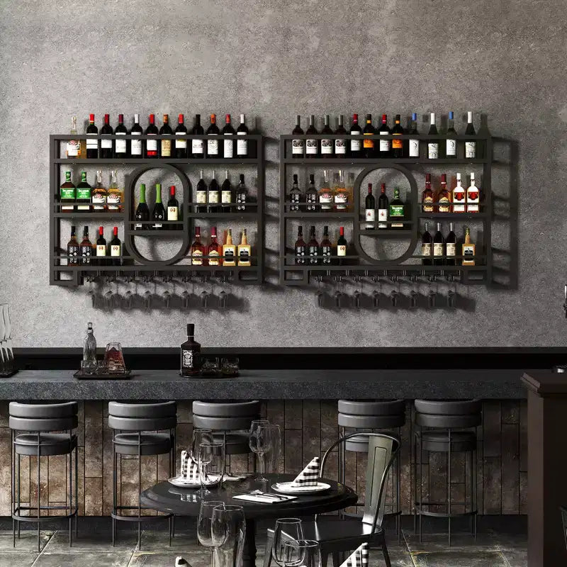 Bekrvio 39/47 Wall Mounted Wine Rack, Metal Floating Bar Shelves with Wine Glass Holder, Industrial Liquor Shelf for Home Bar Kitchen Dining