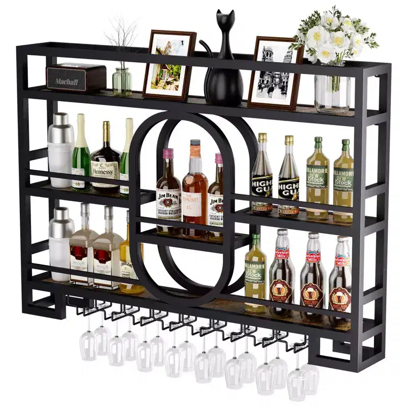 Bekrvio 39/47 Wall Mounted Wine Rack, Metal Floating Bar Shelves with Wine Glass Holder, Industrial Liquor Shelf for Home Bar Kitchen Dining